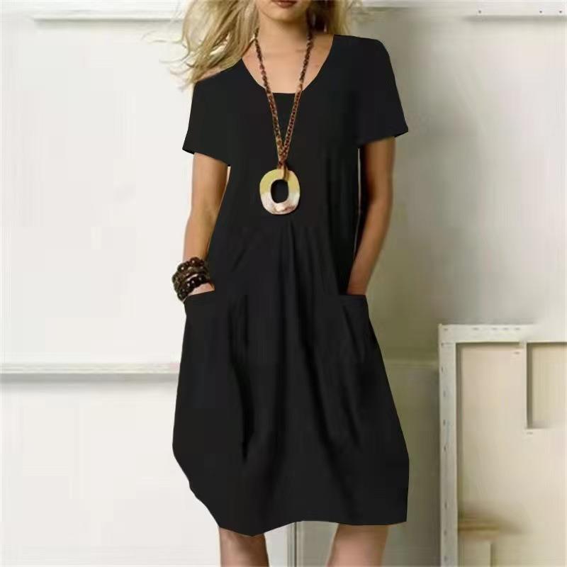 2025 Summer Round Neck Short Sleeved Fashion Dress Women Elegant Plus Size Solid Color Loose Pockets A-line Party Short Dresses Female Clothing