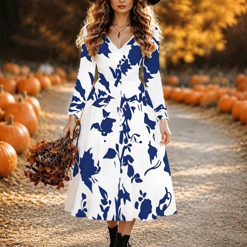 Halloween Women's Leaves Print Midi Dress A Line Dress Vacation Casual Daily Regular Fit  Long Sleeve V Neck Black  Spring Fall