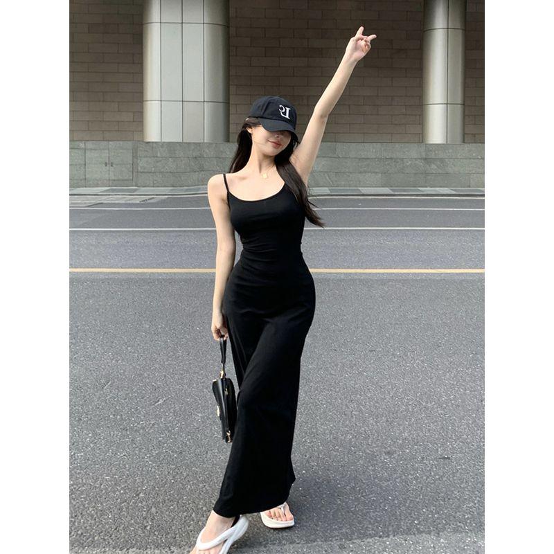 European and American Sexy Tight-Fit Slim-Fit Figure Flattering Summer Hip-Hugger and Black Pure Color Dress Women's Base Strap Long Skirt