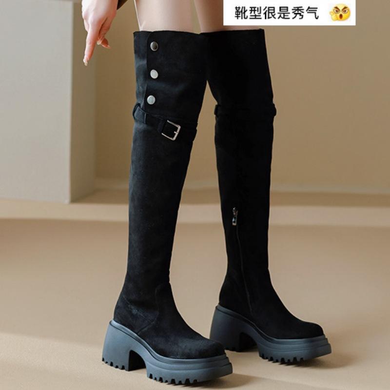 Maillard High-heeled Folded Knee Boots Women's Thick-soled Thick-heeled Heightened Knight Boots Autumn and Winter New Velvet