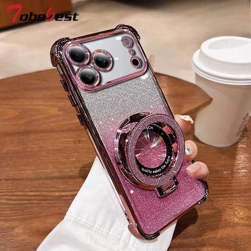Shockproof Glitter Plating Magnetic Bracket Case for IPhone 17 Air 16 16E 15 14 Plus 13 12 Mini 11 Pro XS Max XR Silicone Cover