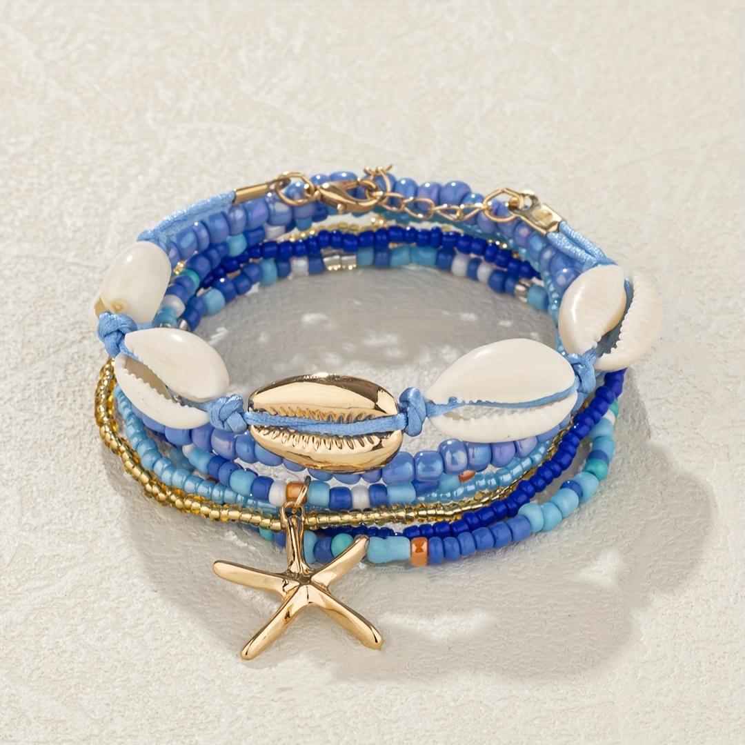 

7pcs Bohemian Vacation Style Seed Bead Shell Starfish Pendant Layered Bracelet Set, Summer Beach Boho Jewelry Gift for Women синій