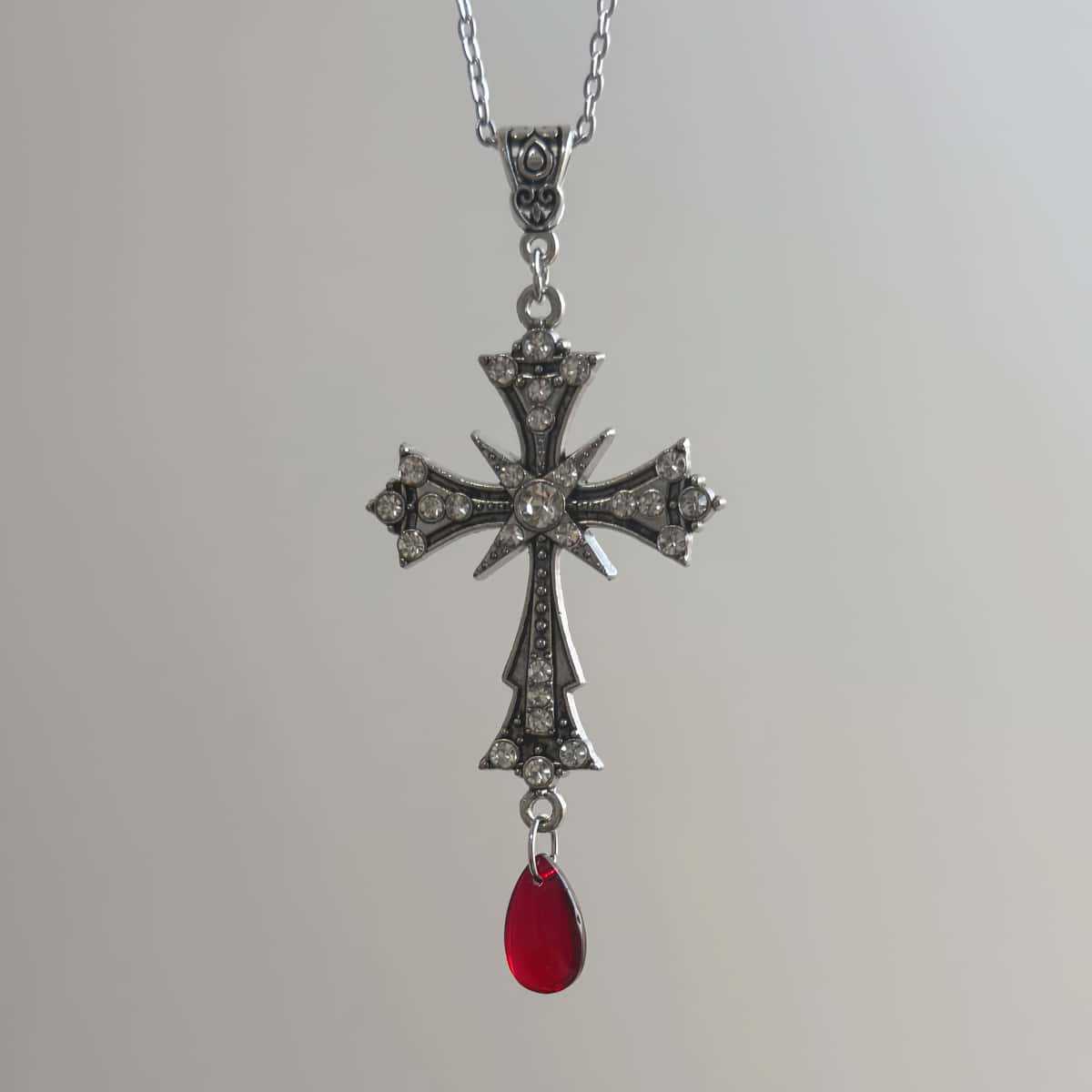 

Victorian Gothic Droplet-shaped Red Glass Crystal Cross Pendant Necklace for Women Halloween Party Retro Temperament Jewelry