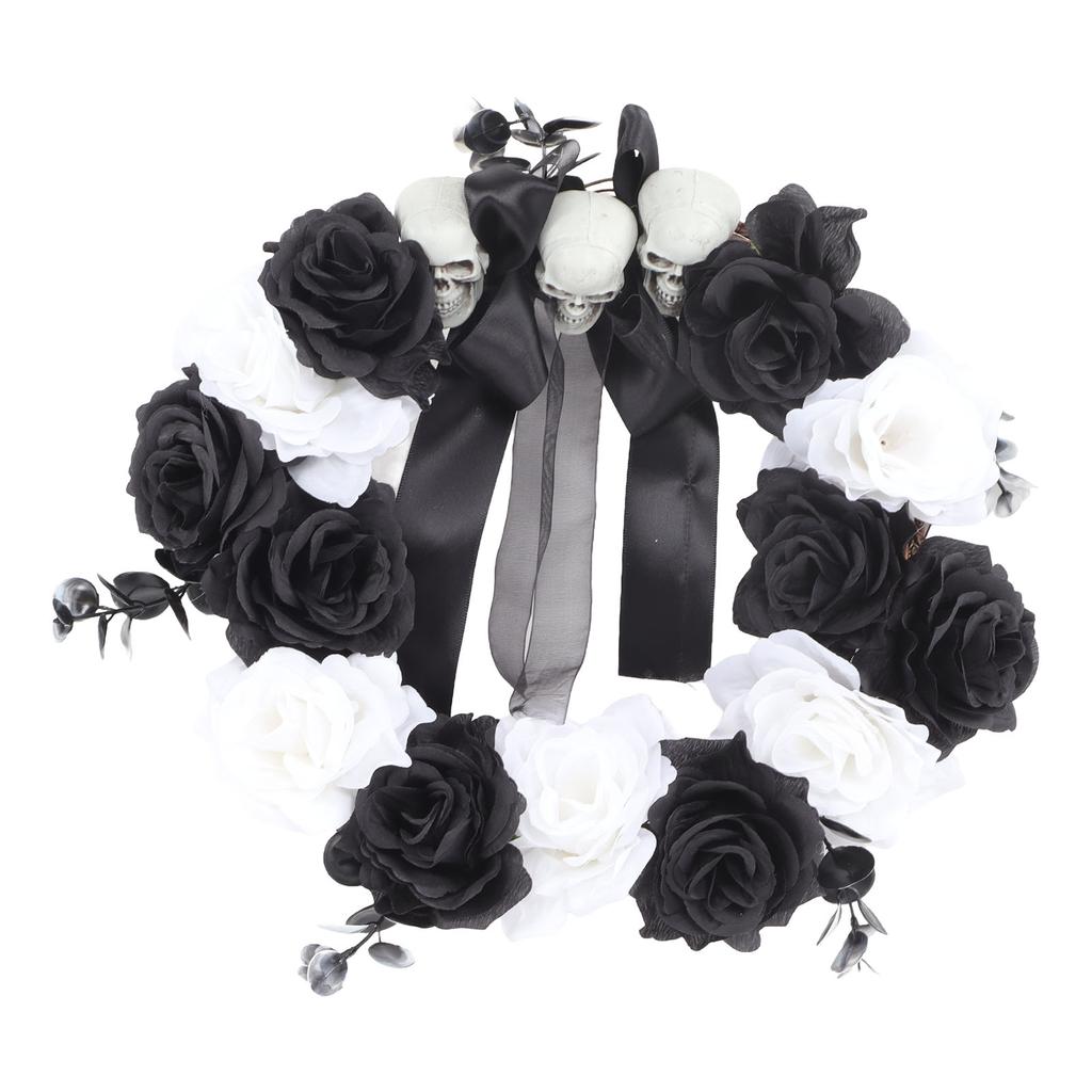 Halloween Kranz Totholz Plastikschädel Schwarz Weiße Blumen Deko Accessoire für Party Spukhaus
