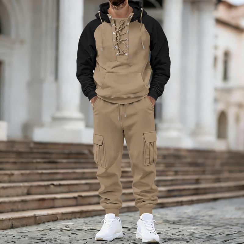 Men Lace Up Raglan Sleeve Hoodie And Cargo Joggers Two Piece Set S