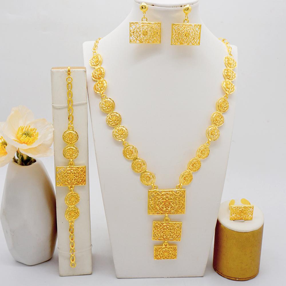 African Indian Women Fashion Jewelry Sets With Gold Color Pendant Necklace Earrings Suitable For Wedding Bracelets Rings