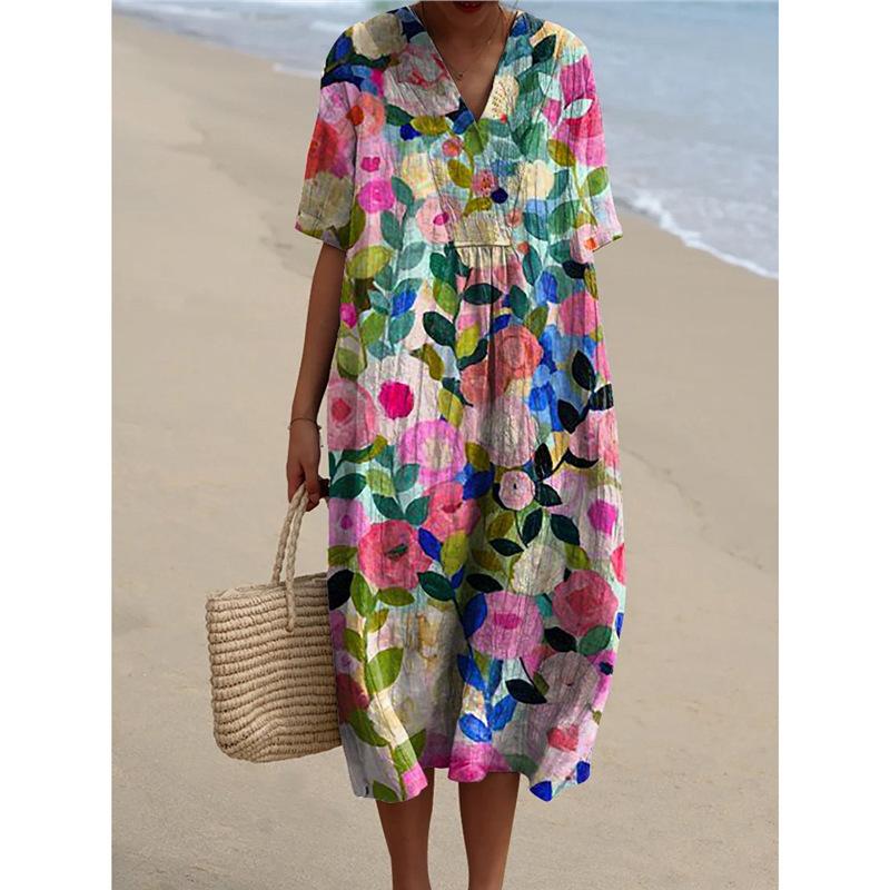 26 European and American new bohemian dress women s casual floral 3D printed sleeve dress S