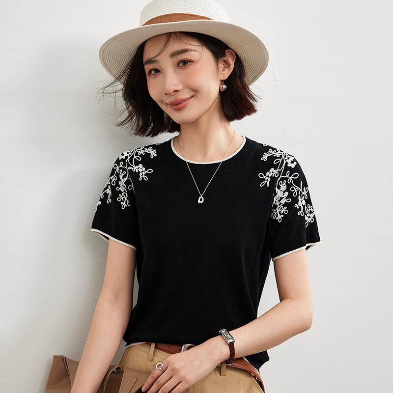 Wudao Women's Silk-Blend Embroidered Knit T-Shirt