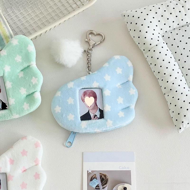 Star Wings Plush Photo Card Holder Keychain - Stylish Small Card Sleeve & Backpack Pendant