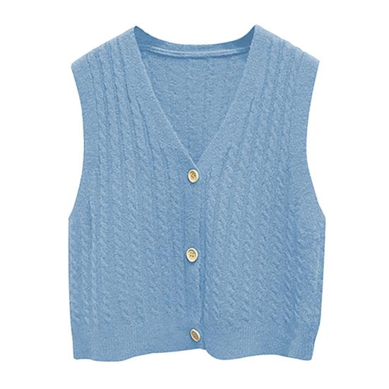 Women Solid Color V Neck Single-breasted Braid Knitted Cardigan Waistcoat Vest