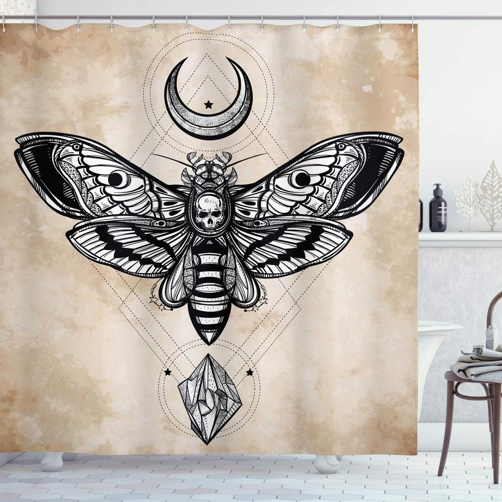 Gold Moth Shower Curtain Moon Phase Curtains For Bathroom Gothic Black Butterfly Moonlit Bath Curtain Psychedelic Bathroon Decor