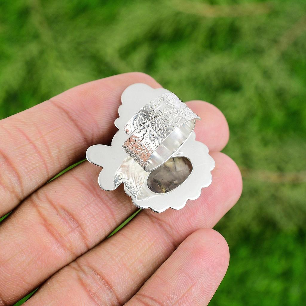Natural Plume Agate Gemstone Stackable Adjustable Ring 925 Sterling Silver