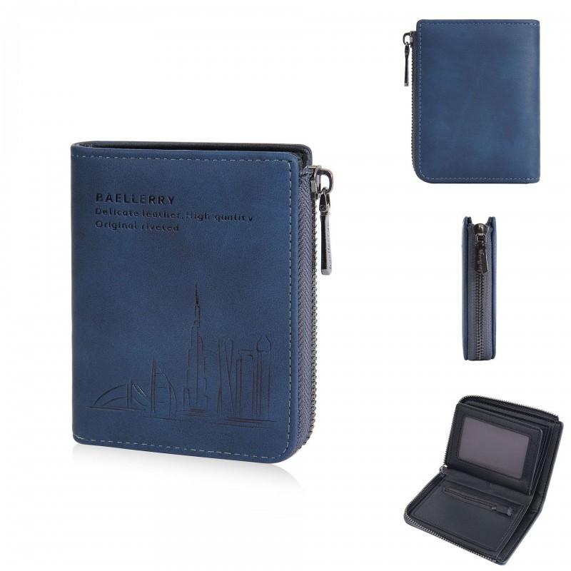New Men s Short Wallet With European American RFID High-end Feel Retro Simple Zipper 12X10X2 синий