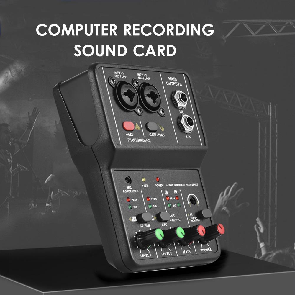 Audio Interface Professional Recording Sound Card 16bit 48kHz Mini USB Audio Interface Sound Card 2 In & 2 Out with 48V