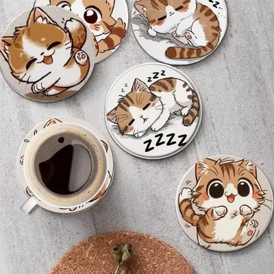6Pcs Cute Wooden Cat Coaster, Cartoon Heat Insulation Mats for Table, Non Slip Drink Coasters for Coffee Cups