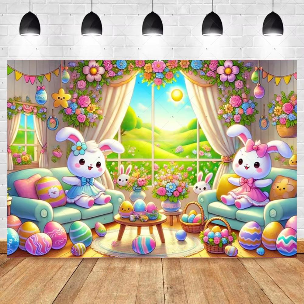 Spring Vibrant Rabbit Backdrop Supplies Happy Easter Theme Background Banner Bunny Easter Eggs Party Decoration Photography Prop