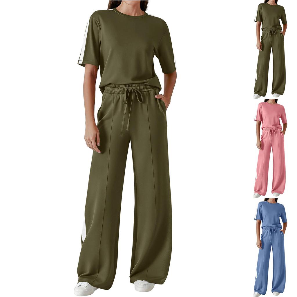 Conjunto de Moda Casual para Mujer con Top de Manga Corta y Pantalones Largos