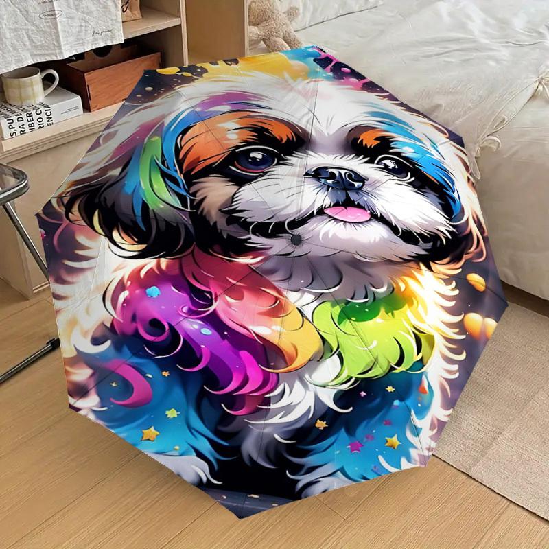 1pc Rainbow Dog Automatic Open/Close Umbrella Compact Folding Umbrella with 8-Rib Shaft for Women/Men, Portable Travel Umbrella,1232S
