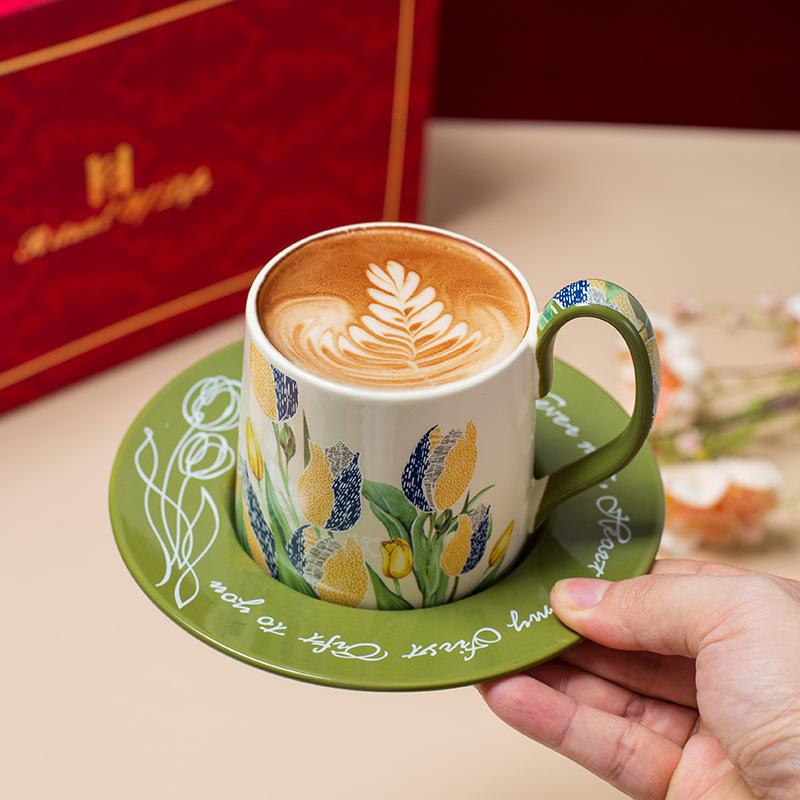 French-Inspired Tulip Tea & Coffee Ceramic Cup and Saucer Gift Set