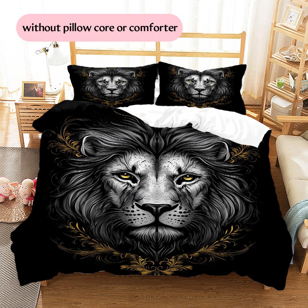 Black and White Lion Pattern Bedding Quilt Set  Home Decoration  Gift (1 * duvet cover + 2 * pillowcase  without core)