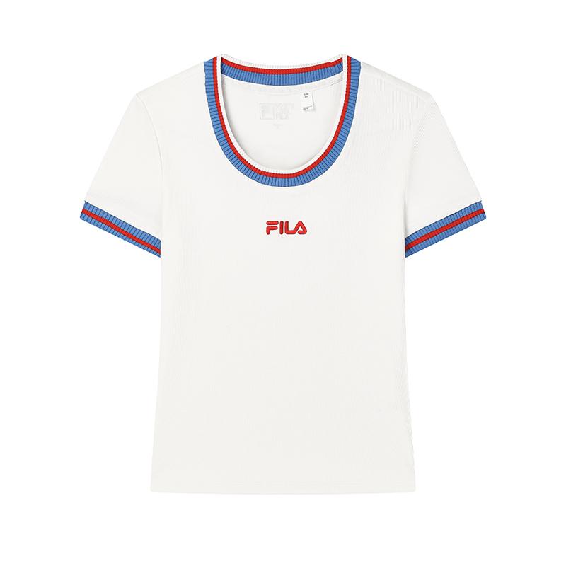 FILA French Tennis Club Versatile Striped Slim Fit Crew Neck Regular T-Shirt Women Tops Cloud-Mushroom-White F11W439106FWT