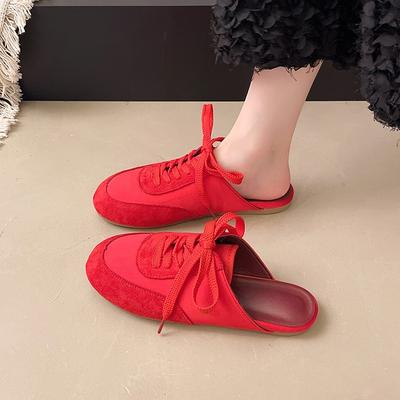 Fashion Baotou Slippers Autumn New Round Toe Deep Mouth Spliced Suede Front Lace-up Soft Sole Anti-slip Wear-resistant Flats