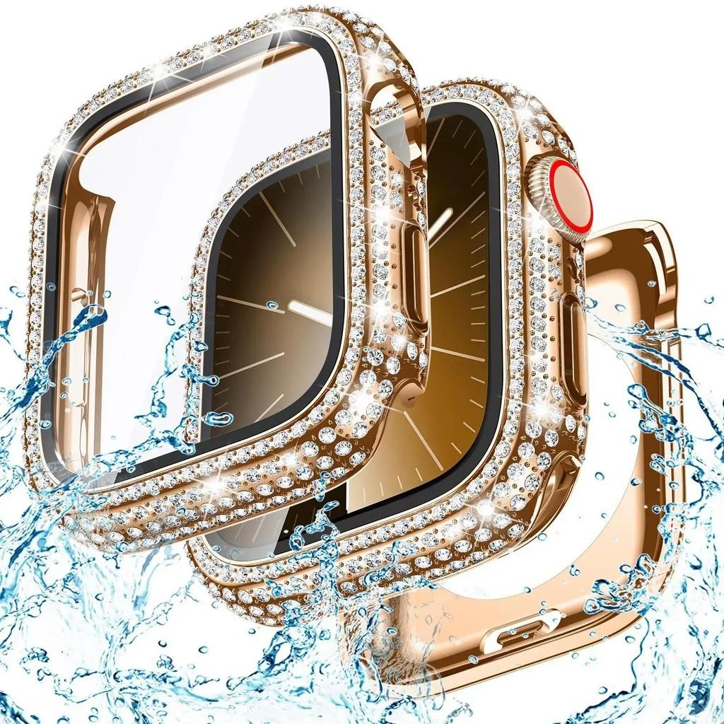 Bling Glass+Cover Case Diamond PC Bumper+Screen Protector For Apple Watch 45mm 44mm 40 41mm Iwatch Series 10 46mm 42mm 9 8 7 5 6