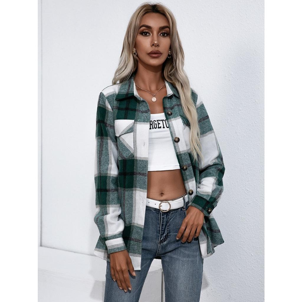 Fall Winter Women's Thickened Cashmere Plaid Shirt Jacket, Casual Loose Long Sleeve Fashion Outerwear