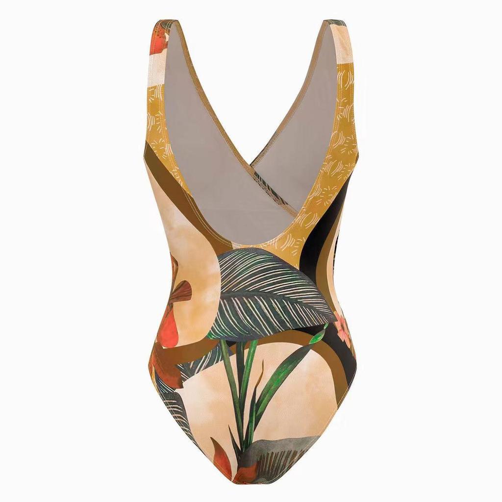 European & American Swimwear: Printed Long Dress & V-Neck Swimsuit Two-Piece Set for Women