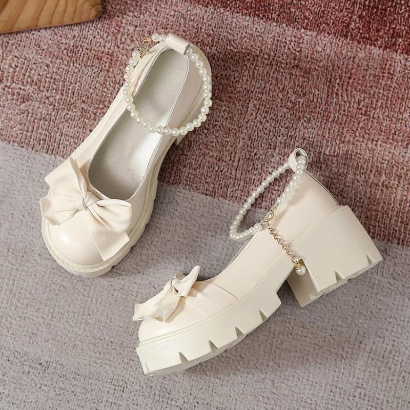 Fashion Pearl Bow Mary Jane Sandals 2025 Summer Women Lolita Thick High Heels Shoes Women Japanese Style Small Leather Shoes