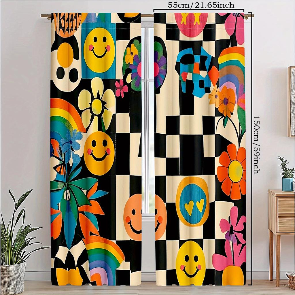 Vibrant Rainbow Smiley Floral Pattern Curtains for Kids Nursery Bohemian Style Checkered Window Drapes Home Decoration