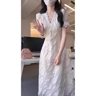 Coffee Break French White Lace V-Neck Bubble Sleeve Dress Summer Female Gentle Wind Fairy Dress Temperament Long Dress