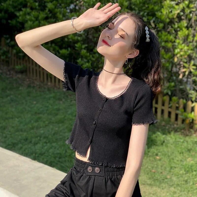 Women's O-neck Button Short Exposed Navel Knitted Short-sleeved T-shirt Cardigan