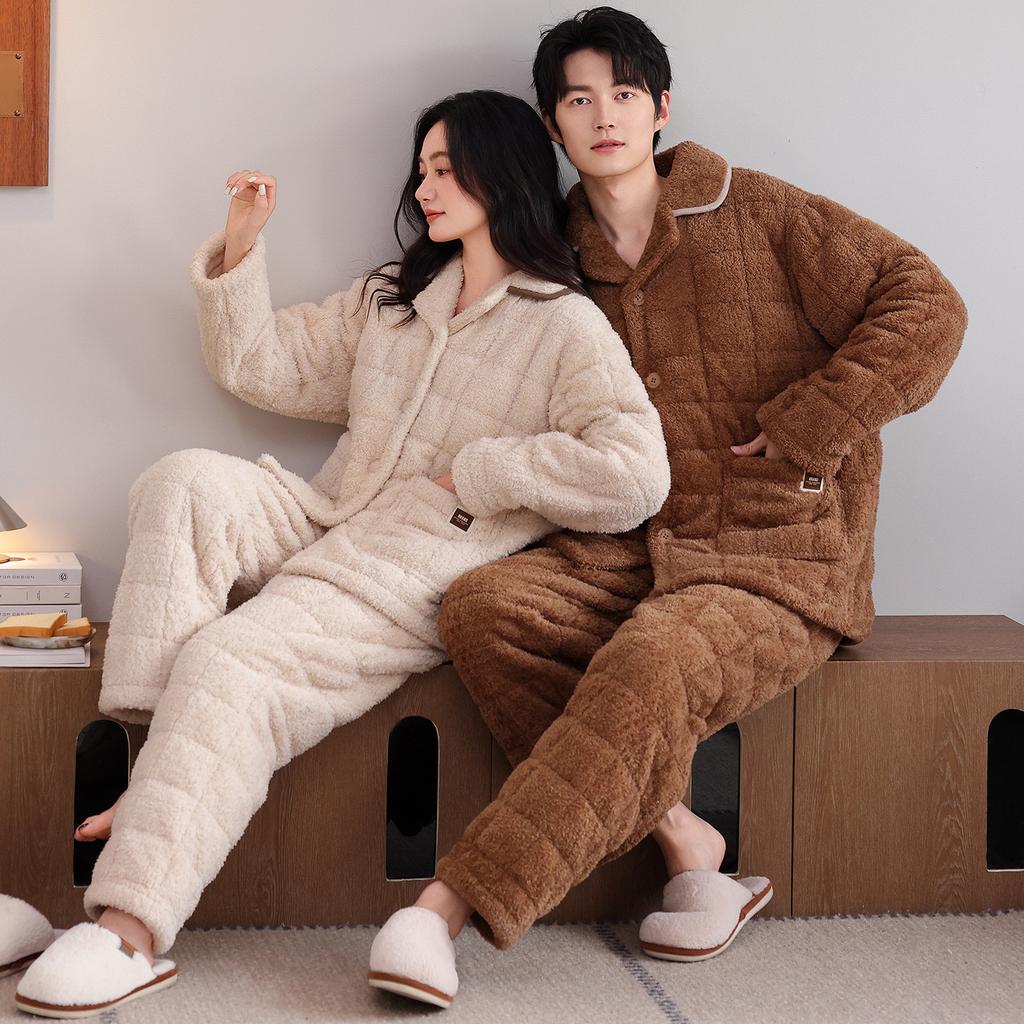 [Super thick] Three-layer padded couple pajamas women's winter thickened and velvet suit warm men's padded jacket loungewear