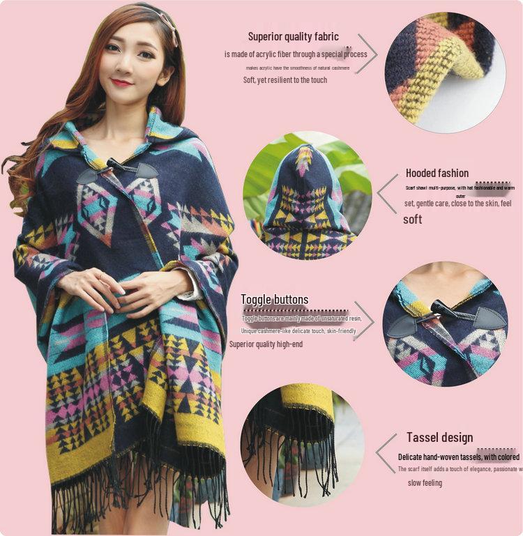 Bohemian Ethnic Hooded Cape Shawl - Women's Autumn/Winter Yunnan & Korean Style