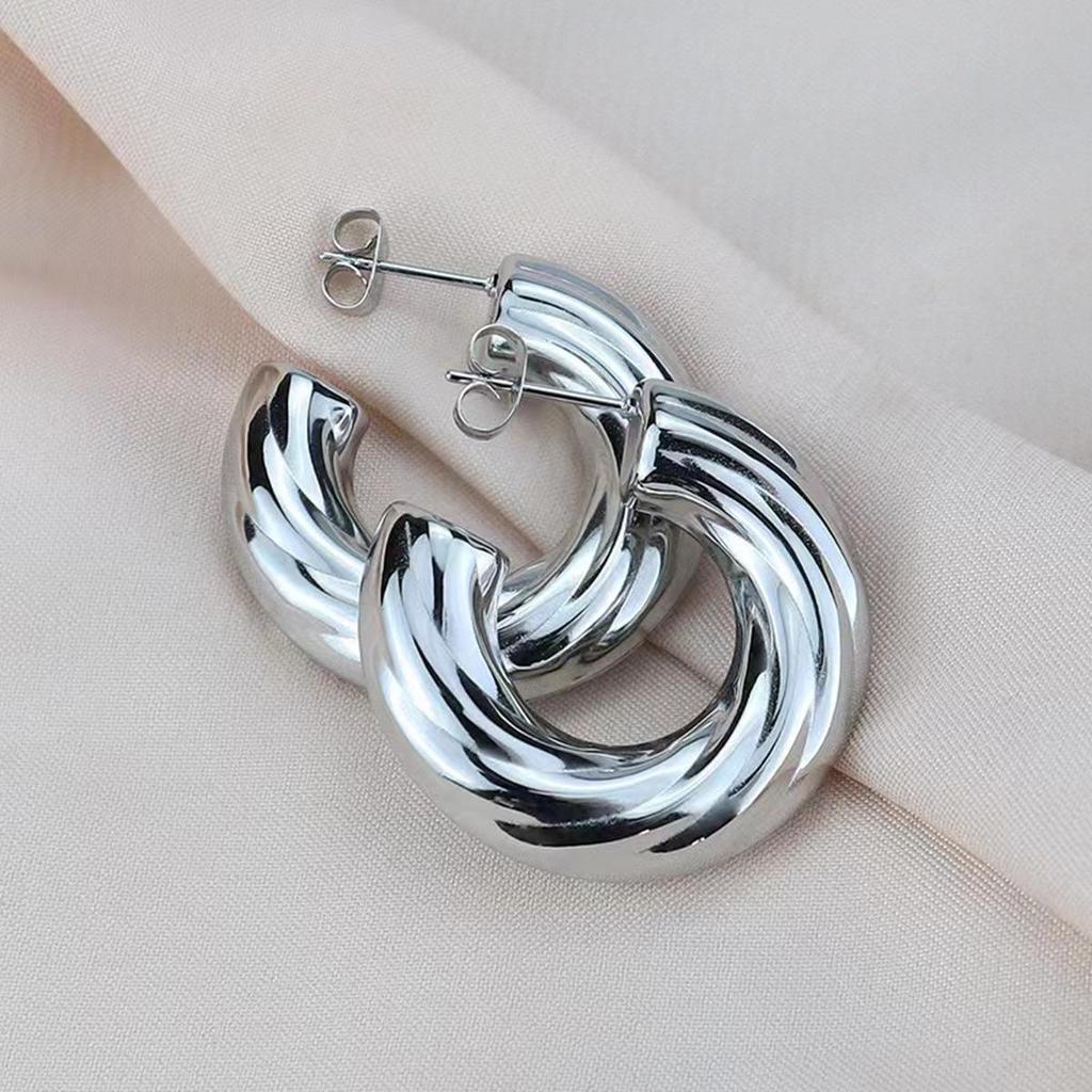 Elegant 18K Gold Twisted Hollow Titanium Steel Earrings - Trendy, Large, C-Shaped Design for Women