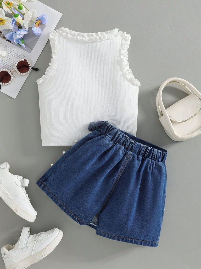 2025 Rüschen-Patchwork-Oberteil und Jeans-Set mit Perlen für Mädchen