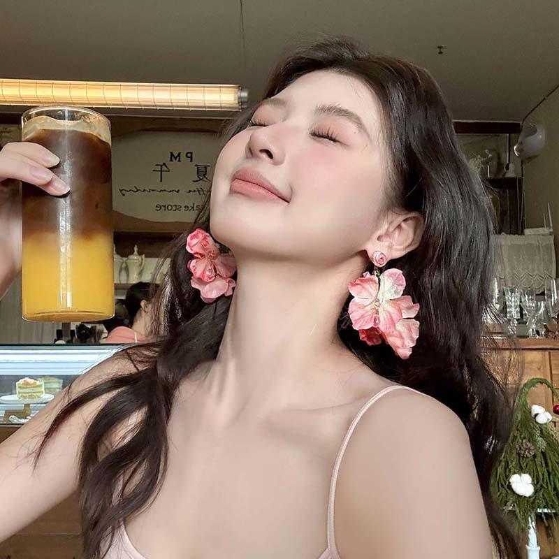 Fabric Flower Glass Bead Fringed Earrings Fashion Super Fairy Stud Earrings Sweet Small Fresh Earrings Women's High Sense