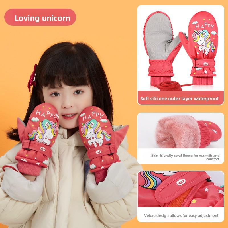 Winter Children s Ski Gloves Outdoor Windproof Velvet Thickened Warm Cartoon Men s and Children s Gloves S