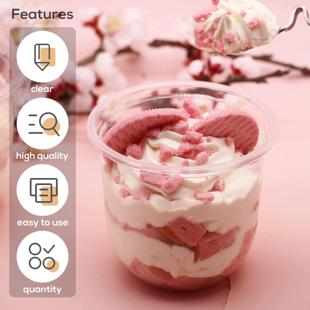 12 oz Plastic Dessert Cups with Dome Lids (No Hole) and Sporks, Clear Disposable Yogurt Parfait Cups with Lids, Individual Party