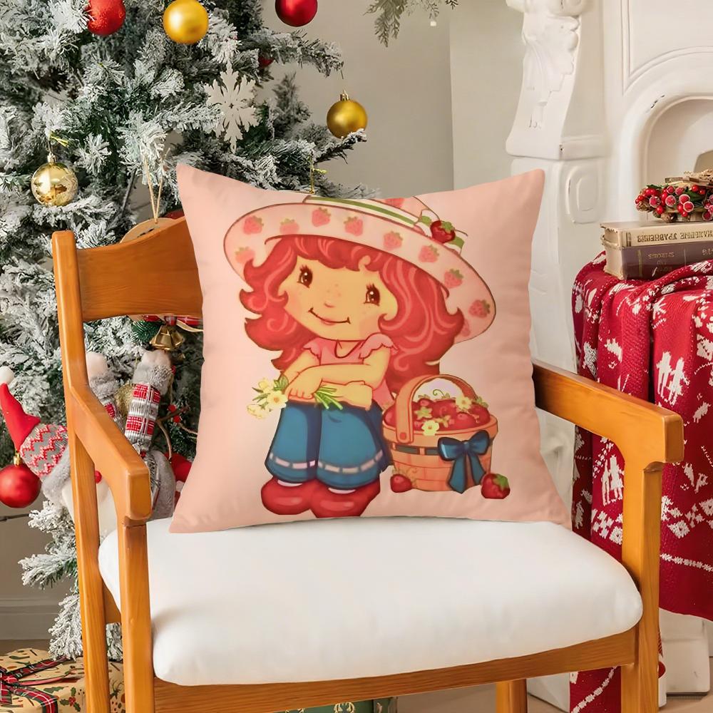 Cute Role Strawberry Shortcake-Cartoon Silky Short Plush With Invisible Zipper Dustproof Sofa Cushion Cover For Home Decor
