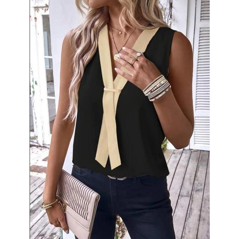 

Summer New Women s V-neck Contrasting Color Sleeveless Casual Pullover Temperament Commuter Shirt S