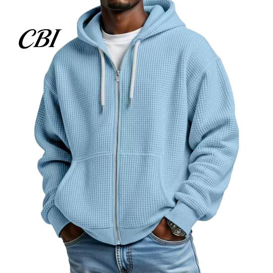 Fashionable Waffle Knit Hoodie Men's Hooded Jacket, Solid Zip Up with Adjustable Lightweight Athletic Outerwear Hood & Pockets, Long Sleeve