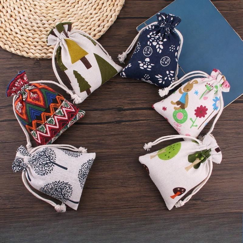 10Pcs/lot (10x14cm/13x18cm) Linen Printed Cotton Gift Bags Cute Creative Pattern Wedding Party Jewelry Gift Storage Bag Reusable