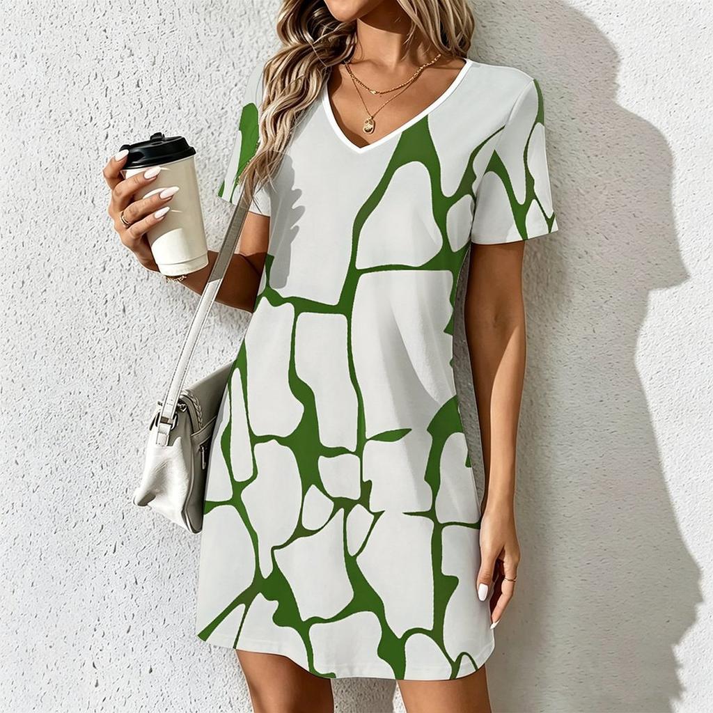 Summer Fashion Women's V Neck Short Sleeve Retro Geometric Pattern Printed Dress Sex Short Skirt Dresses