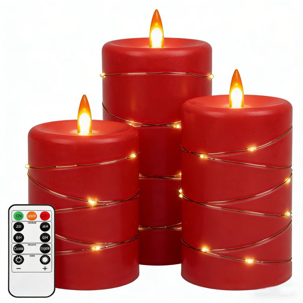 Red Flameless LED Pillar Candle Flickering Flame Wick 11 Key Remote Control Plastic for Weddings Birthdays Christmas Halloween