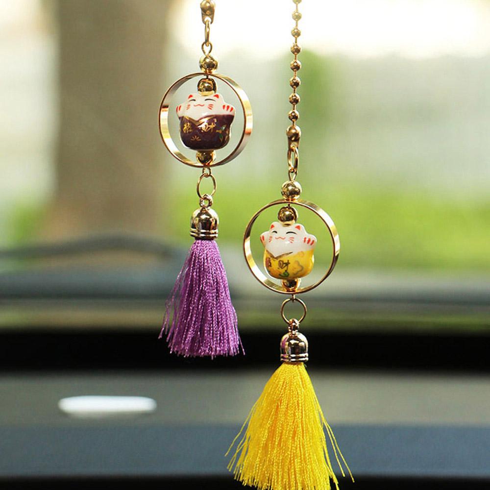 2Pcs Car Pendant Smiling Lucky Cartoon Cat  Decoration Auto Interior Rear view Mirror Fur tassels Hanging Ornament Accessories