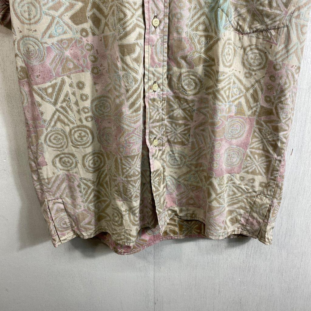 Used 90s Reyn Spooner Hawaiian Shirt Aloha Short Sleeve BD Reverse Print Inside Out All Over Pattern Ethnic Pattern Tribal Old Clothes VINTAGE Beige