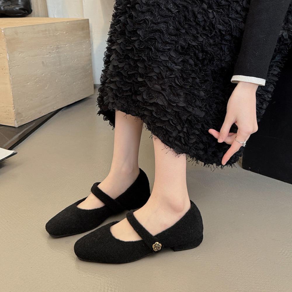 Autumn Woolen Fur Women Cotton Flats Shoes Concise Outdoor Soft Sole Shoes Ladies Comfort Square Toe Warm Mary Jane Shoes