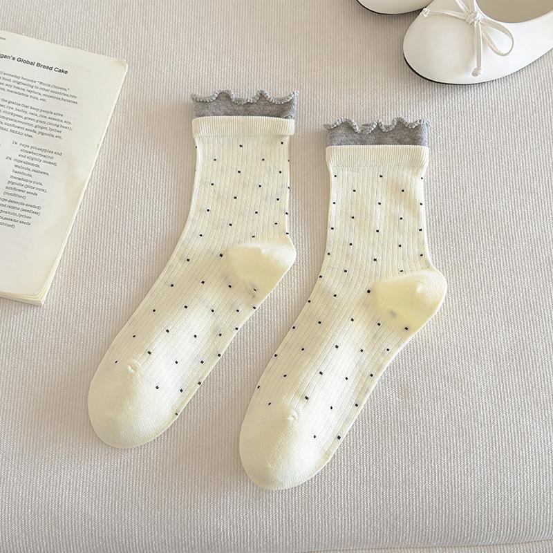 Sock - Spring/Summer Mesh Thin Style Mid-Calf Tube Socks in Colorful Lace with Cute Dots and Pure Cotton Layered Socks